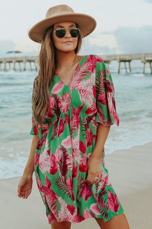 V-Neck Green/Pink Palm Empire Dress - FINAL SALE