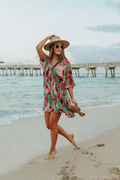 V-Neck Green/Pink Palm Empire Dress - FINAL SALE