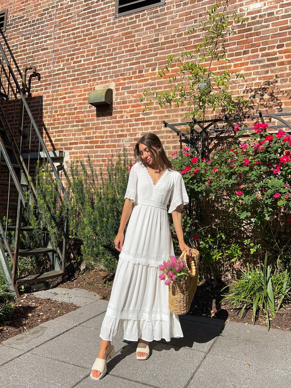 White Short Sleeve Lace Maxi Dress - FINAL SALE