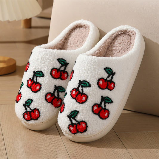 Cherry Pattern Cotton Slippers Indoor Home Plush Warm Slippers White