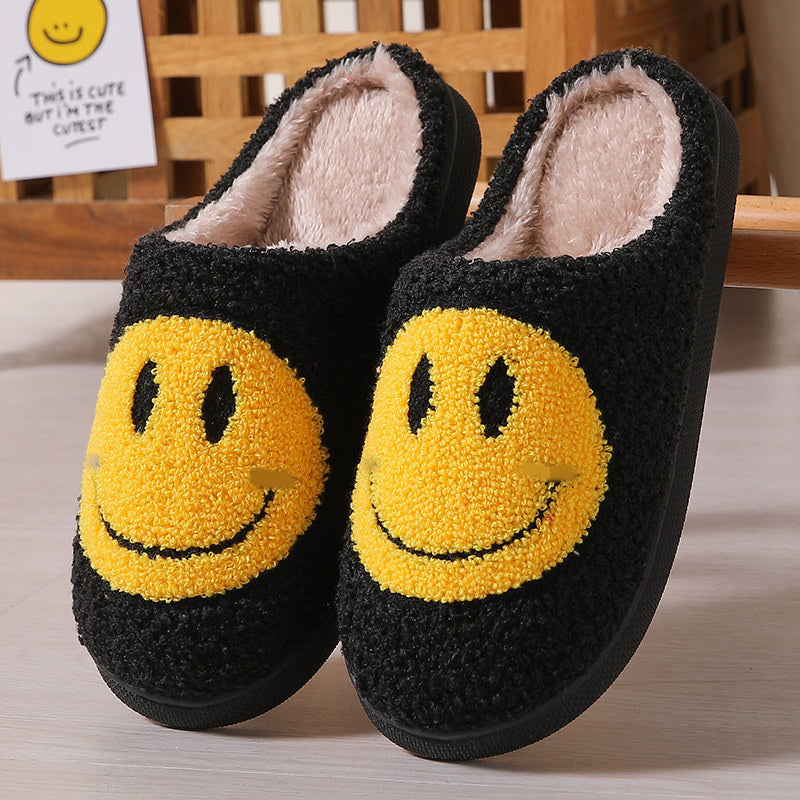 Colorful smiley face pattern cotton slippers indoor home plush warm slippers Black