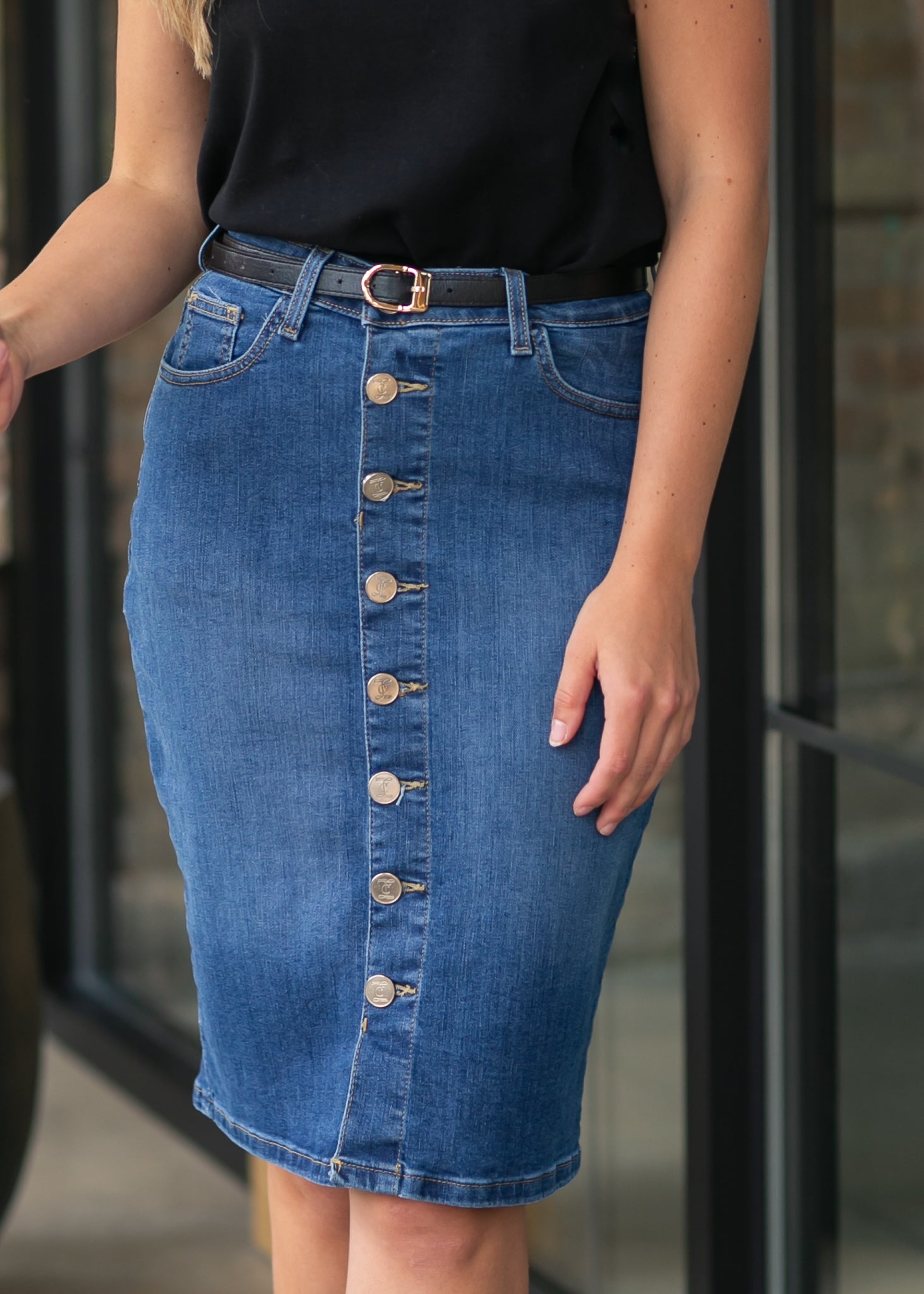 Zana Front Button Denim Midi Skirt