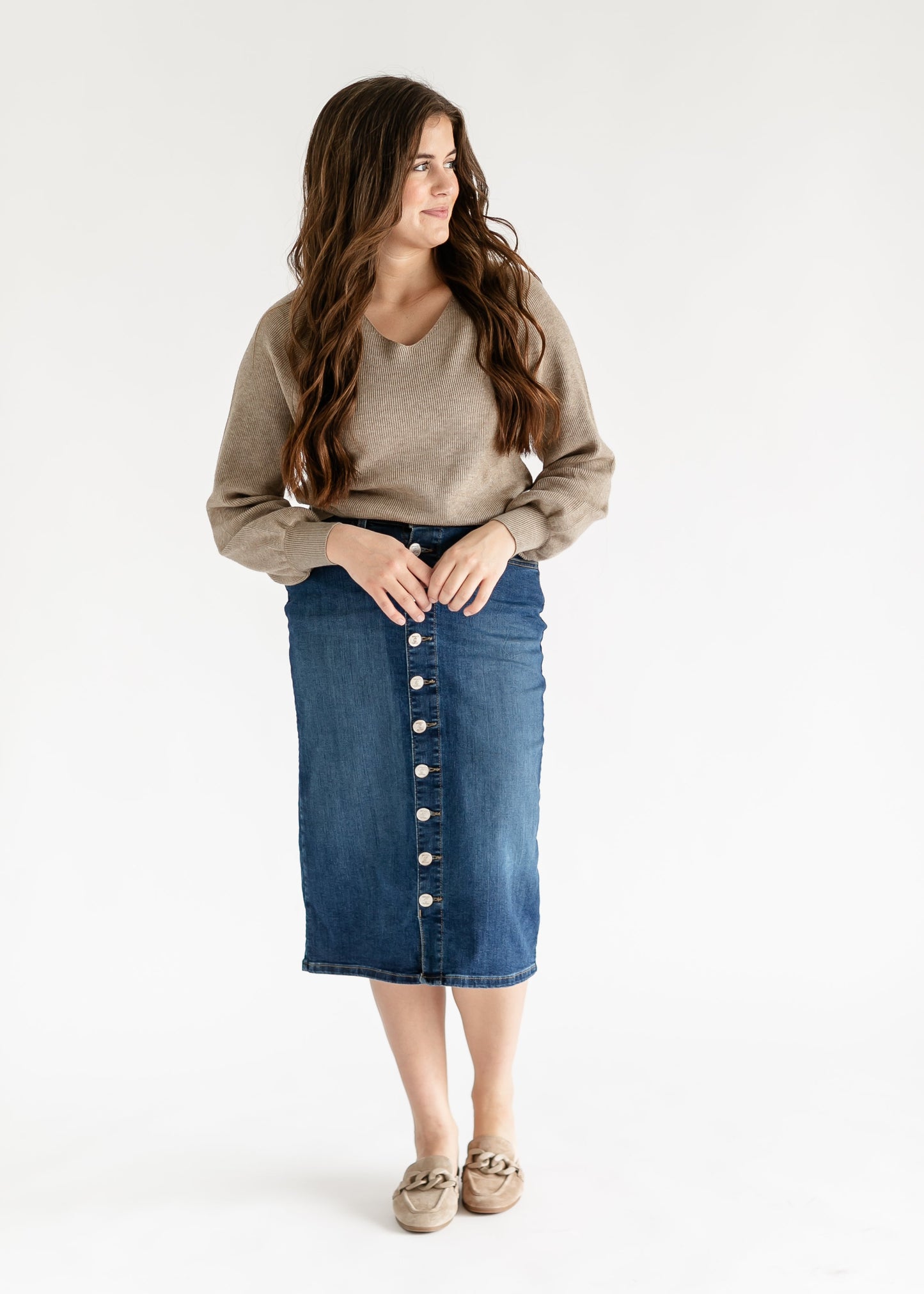 Zana Front Button Denim Midi Skirt 29"