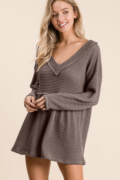 Waffle Knit Babydoll Top with V-Neck
