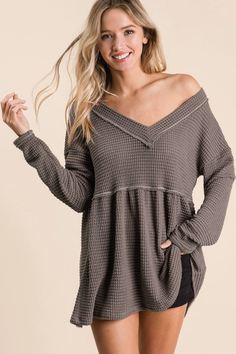 Waffle Knit Babydoll Top with V-Neck MOCHA